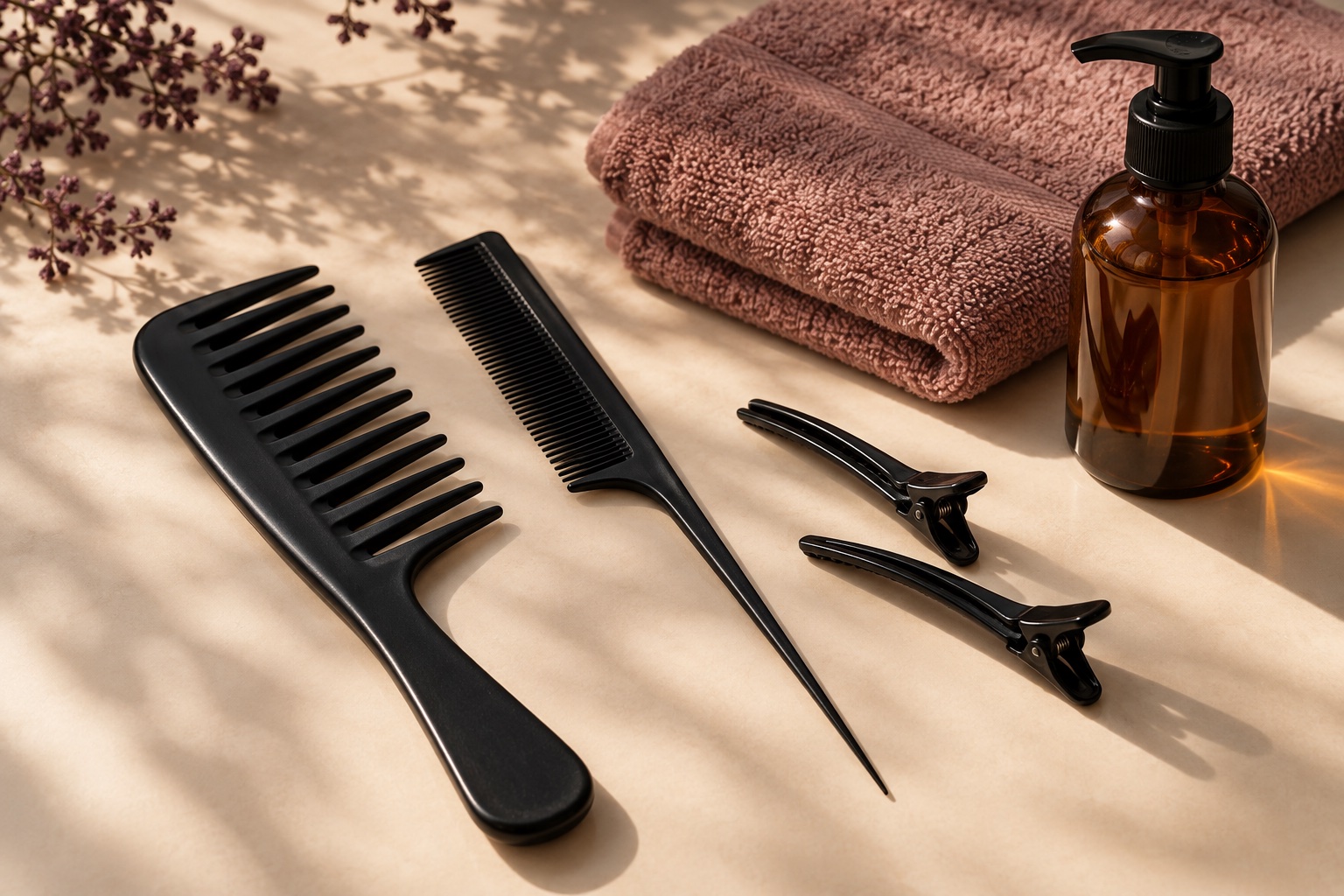 Illustrative AI still life of detangling and sectioning combs, clips, towel and an unbranded bottle